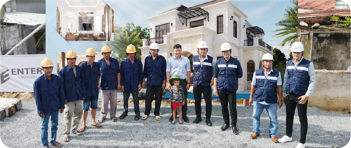 Nhóm cán bộ và kỹ sư Entercons chụp ảnh trước biệt thự đã hoàn thành